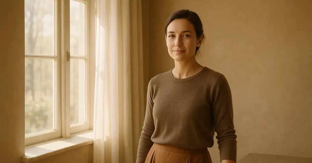 A dark-haired woman in a brown sweater stands calmly beside a sunlit window, hands at her sides, with a slight smile.