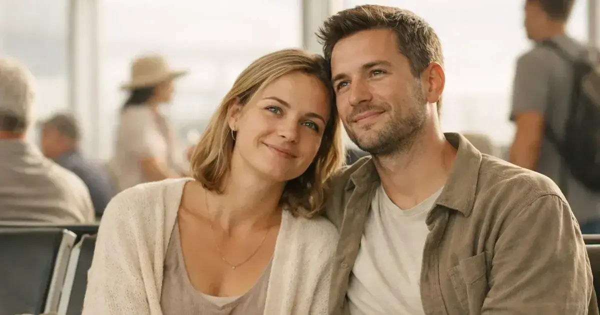 A couple leans their heads together in an airport waiting area
