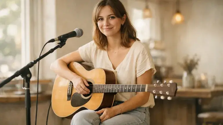 A young woman sits with an acoustic guitar in front of a microphone in a café, smiling at the camera.