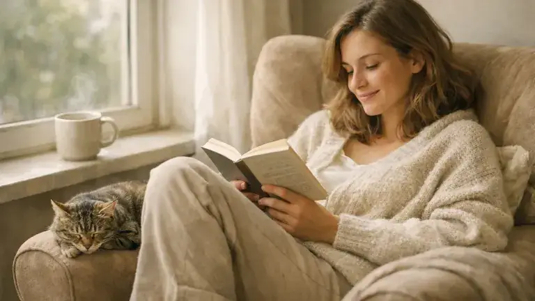 A woman curled in an armchair by a window reads a paperback, a tabby cat asleep on the armrest and a mug on the sill.
