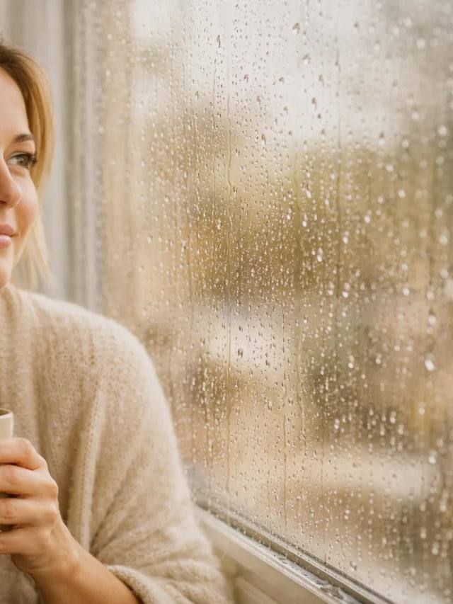 A woman holding a mug, looking out of a rain-streaked window