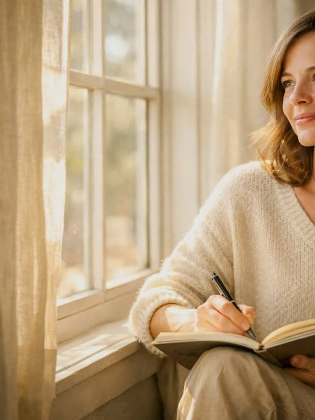 A woman with a notebook gazing out of a window, lost in thought