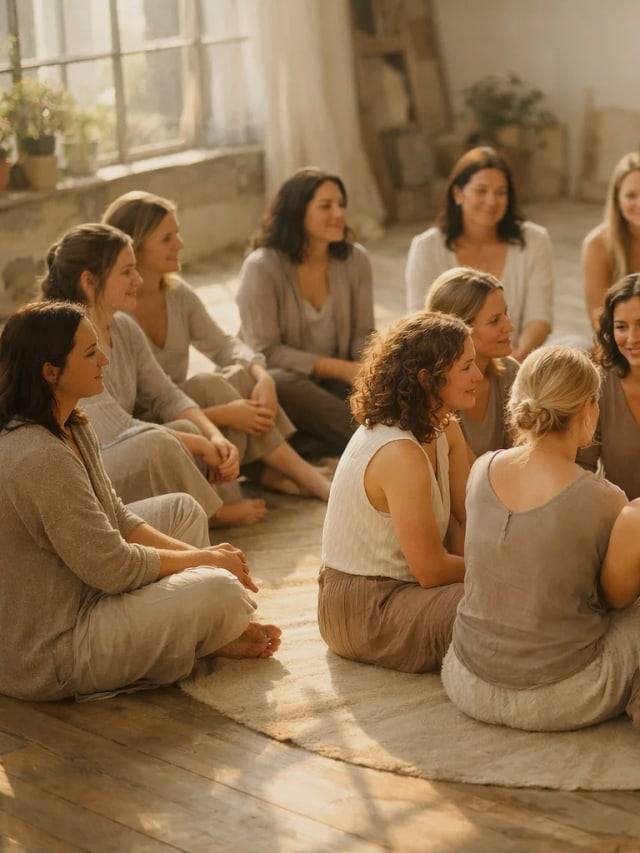 A circle of women sitting together on the floor of a sunlit room