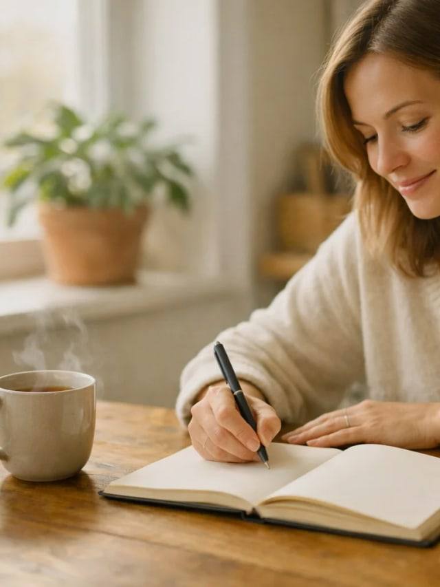 A person writing calmly in an open notebook at a warm wooden table