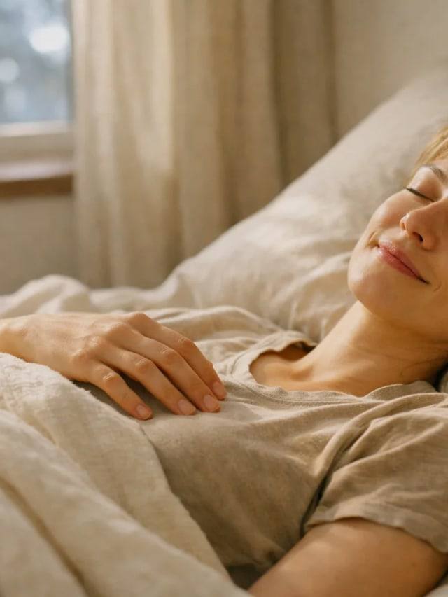 A person lying in bed in a quiet bedroom