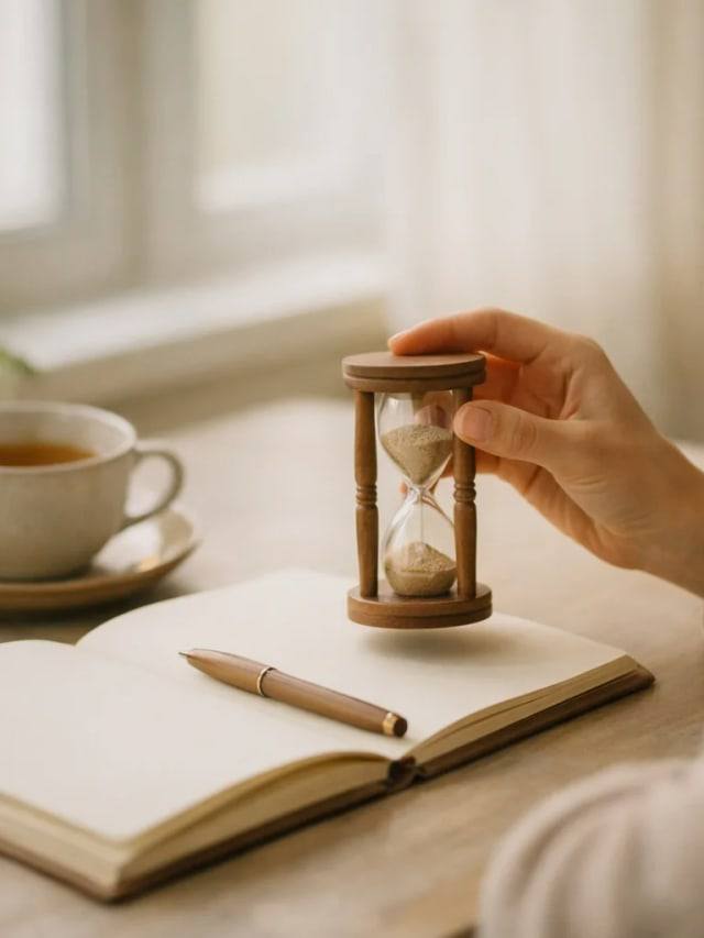 A quiet desk with a notebook and a small clock in warm light